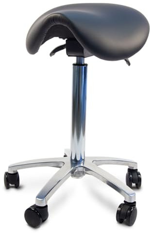 Ergolutions® Ergonomischer Sattelhocker - Belastbar bis 150kg, Bis 86cm Höhe, Rollhocker mit Federung, Veganer Lederbezug, Therapiehocker, drehbare Universalrollen, Schwarz