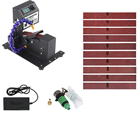 Lijadora de banda HUIOP Mini lijadora de banda de 200 W, lijadora eléctrica, pulidora, rectificadora en seco y húmedo, lijadora, pequeña máquina de correa de arena, regulación continua de velocidad co