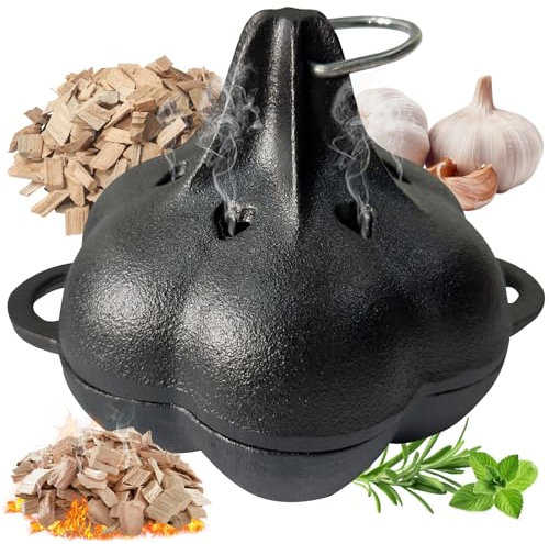 BOLVOUD Gusseisen-Räucherbräter & Knoblauchroster-Bäcker, Räucherbox, vorgebrannter Gusseisen-Knoblauchbräter für Grill, perfekt für BBQ und Ofen, für rauchiges, aromatisches Gemüse, Fleisch oder