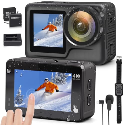 JOH 4K 60FPS 20MP WiFi Action Camera with Front LCD & Touch Rear Screens, 131 Feet Waterproof, Stabilization, EIS 2.0, Remote Control Outdoor Sports Camera, Vlog Underwater Camera with 2X Batteries