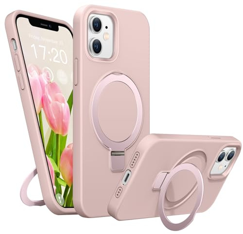 BENTIACC Liquid Silicone Case for iPhone 12/12 Pro, Magnetic Rugged Stand Ring, 4-Layer Shockproof Protective Case with Soft Microfibre Lining, Scratch Resistant (Pink)
