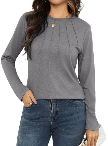 Gyabnw Camiseta Manga Larga Mujer Cuello Redondo Plisada | Manga larga, detalle plisado, cuello redondo, estilo de camiseta de manga larga, para ocasiones casuales