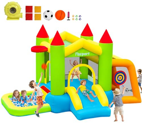 FBSPORT Hüpfburg Indoor Outdoor Kinder mit Gebläse mit Rutsche, Ballspielplatz, Fußballplatz, Sandsackwerfen, Ballschießen, Basketballkorb, Bounce House für Garten Party Geschenke, 314×208×175cm