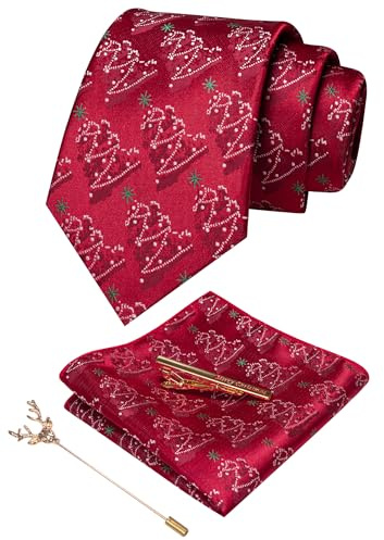 JEMYGINS Ensemble cravate de Noël pour homme avec motif tissé, cravate de fête et carré de poche, Sapin de Noël rouge., M