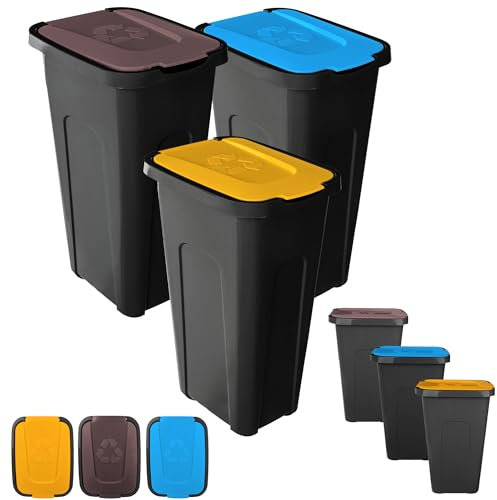 KADAX Juego de 3 cubos de basura de 30 litros, para sistema de separación de basura, cubo de basura de plástico con tapa abatible (3 marrones, amarillo y azul)