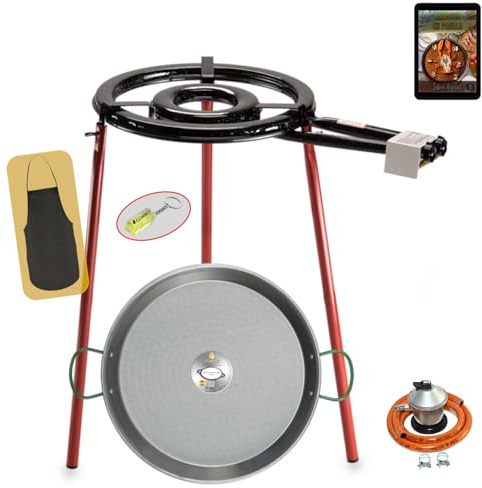 COMBOI Paellero gas butano, Kit Profesional, Quemador plano 35 cm, Paellera Pulida 46 cm, Regulador, Manguera, Soporte Patas, Nivel, Delantal, Libro Recetas Digital (Kit Paellero Pro 35 cm)