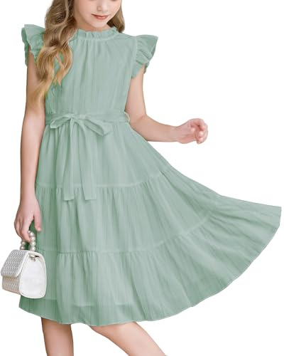 Arshiner Vestidos para Niña Ververano Mangas Volantes Vestido Festivo Pascua Niños Vestido Midi Informal Fiesta Infantiles Vestidos Escolares Cinturón 12-13 Años