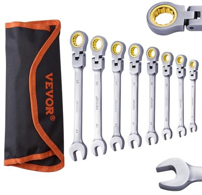 VEVOR Set di Chiavi a Cricchetto con Testa Flessibile, Set di Chiavi Combinate 8 PZ con Borsa a Rullo, Set di Chiavi a Cricchetto Flessibili in Acciaio Cr-V Metrico 8 mm-17 mm Riparazioni Domestiche