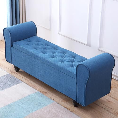 Schlafzimmer-Ottoman-Bank mit Armlehnen, Knopf, getuftete Bettbank mit Sicherheitsscharnieren, für Wohnzimmer, Eingangsbereich, 129,5 cm lang, 40,6 cm breit, 40,6 cm hoch, Blau