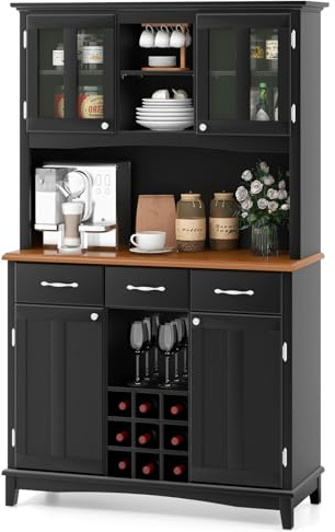 GIANTEX Armario de Almacenamiento para Cocina, con 3 Cajones y Estantes para Vino, Tablero Amplio, 112 x 43 x 184,5 cm, Alacena con Puertas, Aparador Buffet para Cocina, Comedor (Negro)
