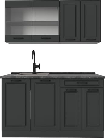 Vicco Singleküche R-Line, Anthrazit Landhaus, 140 cm | 4 Module · Höhenverstellbare Füße · AP Anthrazit inkl. · MDF-Fronten · Mit Glasschrank · Frei kombinierbar