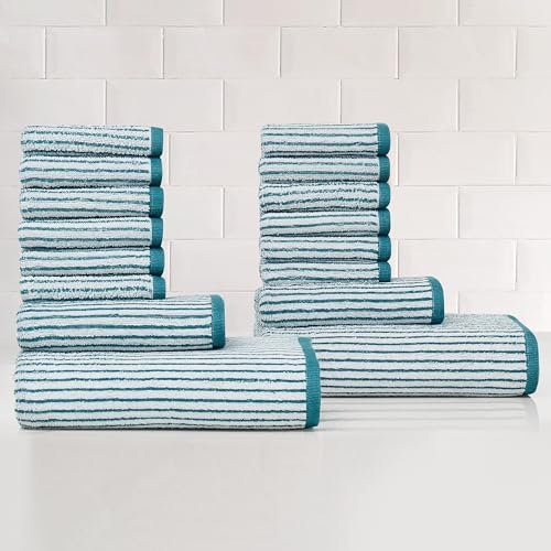 TRULY SOFT Essential Yarn Dye Stripe Teal 16-teiliges Handtuch-Set, gestreiftes Jacquard-Thema, für Damen und Herren, Oeko-Tex-zertifiziertes Vertrauen