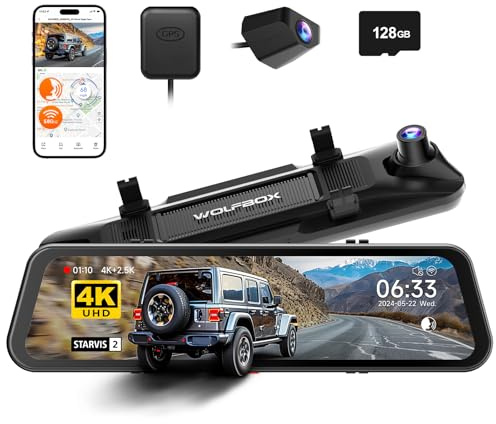 WOLFBOX G900 PRO spegelkamera med STARVIS 2 IMX678, 12-tums backkamera med 4K fram- och 2,5K bakre inspelning, inklusive 128 GB kort, röststyrning, 5,8 GHz WiFi, loopinspelning, G-sensor och GPS
