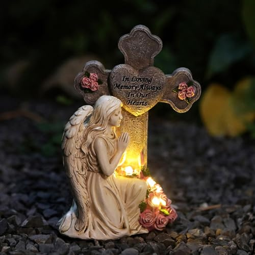 Garten Deko Angel Figur für Außen mit Solarlampen, Gartendeko für Draußen Wetterfest, Engel und Kreuz Grabschmuck mit Solar Lights für Gräber, Friedhof, Terrasse, Hof (Creme)