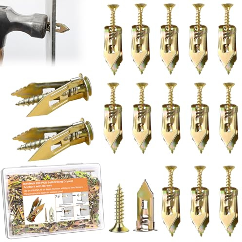 mxuteuk 200 Pcs Self Drilling Drywall Anchors with Screws,100 Sheetrock Anchors (0.47x1.18 Inch) & 100 Zinc Expansion Screws,2025 Upgraded Zinc Plated Steel,No Drill Needed,Perfect for Wall Hanging