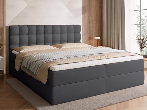 BROMARKT Boxspringbett 180x200cm mit Topper und Bettkasten H3 Dunkelgrau | Doppelbett für Schlafzimmer mit Bonell Matratze Stauraum und gepolsterte Kopfstütze Bett Bed Einzelbett Federkern DETROIT