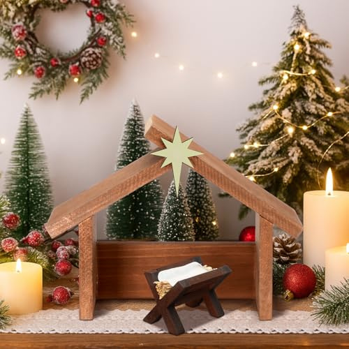 Yaomiao 2 Pcs Small Christmas Nativity Stable Manger Decorations 9.25 x 7.08 Inch Wood Nativity Scene with Roof Star for Inside Scale Holy Family Tiny Wooden Stable Shed Creche Home Desk Decor