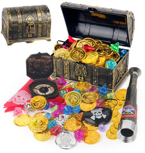 PLLYPE Piratskattkista Retro, 14 x 11 x 10 cm, med kompass, ögonlappar, teleskoprekvisita, lås och nycklar, för förvaring och dekoration, barns födelsedag, pirater barns födelsedag, skattkista