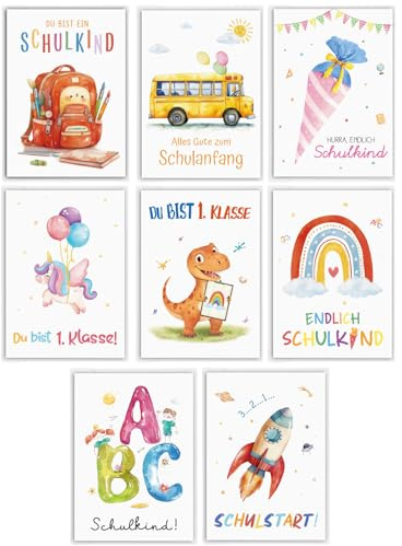BOFUNX 8 Stücke Schulanfang Karten mit Umschläge, Glückwunschkarte Einschulung Grußkarten Set Jungen Mädchen Schulanfang Einschulung Geschenk