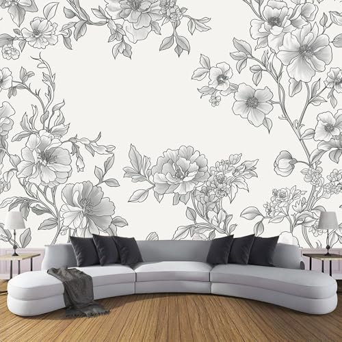 Carta Da Parati Murale Peonia Fiore Di Ciliegio Fiori Fotografica 3D, Per Camera Da Letto, Soggiorno, Decorazione Domestica, 150Lx105A cm Murale Linea Arte Decorazione Poster Da Parete, Bianco