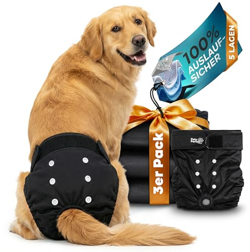 PETS PERFECT HUNDEWINDELN FÜR HÜNDINNEN – Waschbare Läufigkeitshose Hündinnen mit 5-lagigem Auslaufschutz – Verstellbare Hundewindel mit Klettverschluss, auch für Rüden geeignet – 3er Pack