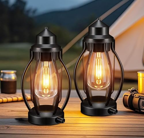 Battery Operated Outdoor Lanterns, 2 Pack Metal Table Lamp | Stepless Dimming, 2000mAh Rechargeable Battery, Portable Handle, LED Bulb, Garden Camping Indoor Living Room Decor