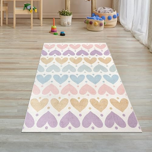 Teppich-Traum Kinderteppich Herzmuster Pastell Weich 80x150 cm | Weich und pflegeleicht, robust, allergikerfreundlich, strukturierte Oberfläche und für Fußbodenheizung geeignet