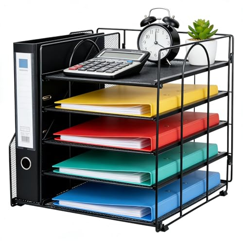 Voency Schreibtisch Organizer mit Aktenhalter, 5 Ebenen Papier Briefablage, Metall Schreibtisch Netz Ablagefächer Organizer für Arbeitszimmer Schule Office Möbel Büro Bedarf Schwarz