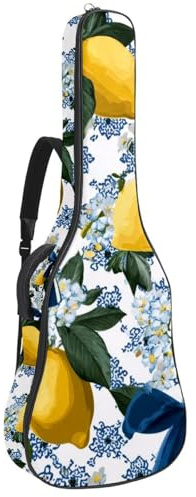 Gitarrentasche mit Blumenmuster und rosa Schleifen und Zitronen, gepolsterte Tasche für Akustikgitarre, Rucksack mit verstellbaren Schultergurttaschen, Mehrfarbig 02, 42.9x16.9x4.7 in, Lässiger