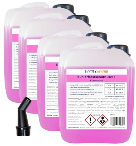 Richter Chemie Kühlerfrostschutz G12++ Konzentrat, 4 x 5 L, bis -37°C | Langzeitkühlmittel bis 5 Jahre/ 250.000 Kilometer, Frostschutz bis -37°C, für PKW, LKW, Busse