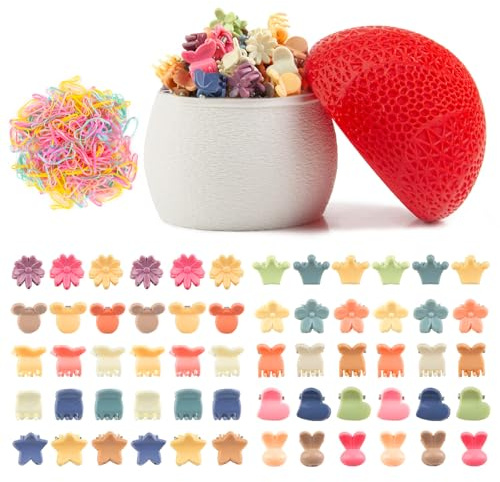 Viabty 100PCS Mini Hair Clips, 10 Shapes Small Flower Hair Clips & 200 Pcs Multicolor Rubber Bands, Cute Claw Clips Toddler Hair Barrettes Girls Hair Accessories for Women Baby Kids Teens