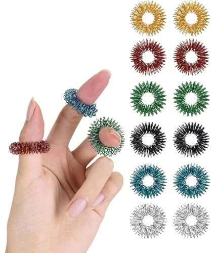12 PCS Acupressure Rings,Portable Sensory Fidget Rings for Kids Finger Massager,Spiky Massage Acupuncture Ring Adults Children'S Rolling Anti Stress Anxiety Hand Toys Relief Pressure Bracelet Reducer