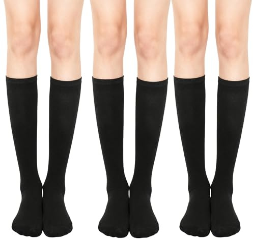 Tweruna 3 Pair Black Knee High Socks, Stretchy Knee Length Socks for Women, Soft Long Black Stockings for Women Daily Wear Halloween Christmas Costumes