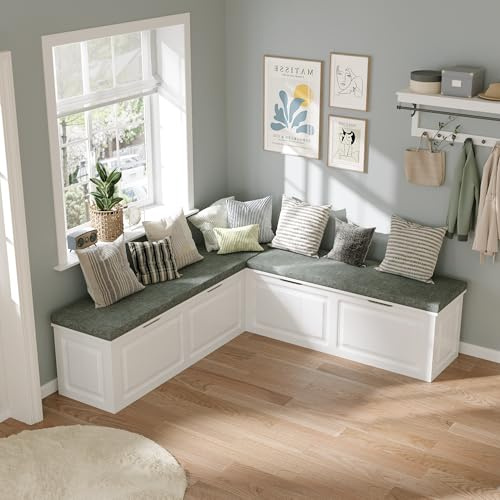 PREMTURE White & Grey Wooden L-Shaped Shoe Bench with Padded Seat | Four hidden compartments keep shoes and essentials out of sight, creating an organised corner for hallways and living rooms.