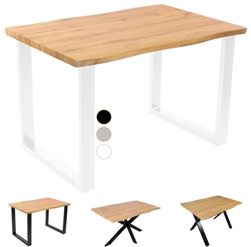 SAM Esstisch Dua | 120 x 80 cm | Holz-Optik mit Baumkante in Wildeiche | U-Gestell Metall Weiß | 40 mm Tischplatte geteilt | Tisch für Esszimmer & Küche