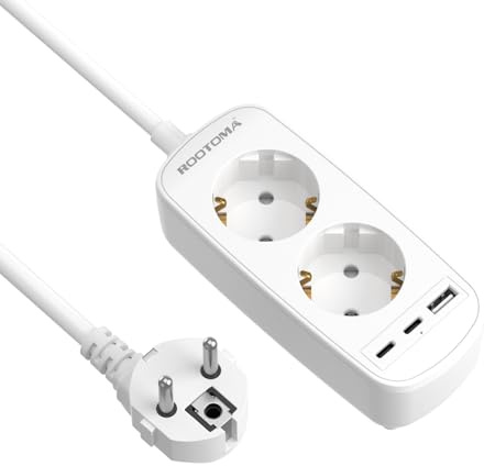 Doppelstecker, Verlängerungskabel Kurz, Steckdosenleiste Klein | 3 USB (5V/2.4A), 2er Steckdose für Zimmer, Büro