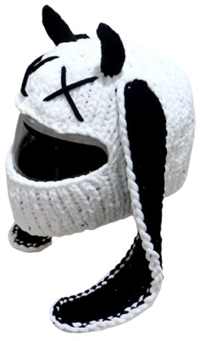 Ksikdeg Copertura integrale per casco da moto, con orecchie di coniglio, in peluche, per motociclismo, decorazione originale, Nero e bianco, Taglia unica