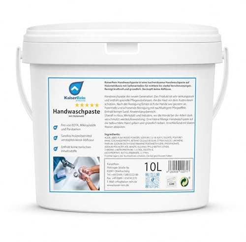 KaiserRein Handwaschpaste 10L Eimer Werkstatt, Hobby, fett und Öl lösende Handwaschpaste Hand-Reiniger Händereiniger gegen Verschmutzungen durch Fett, Öl und Schmutz Sandfrei