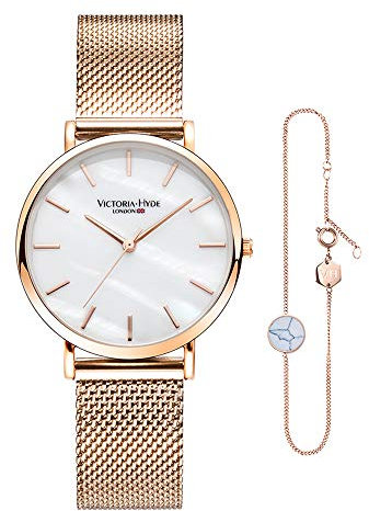 VICTORIA HYDE Roségold Damen Quarz Uhren Armreifen Set Edelstahl Damenuhr mit Armband Set