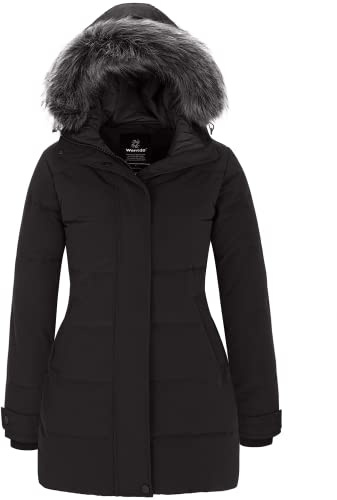 Wantdo Cappotto Donna Invernale Caldo Grande Taglie Giubbotto Imbottito con Cappoccio Impermeabile Antivento Lungo Parka per Esterno Nero XL