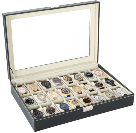NATGAI Watch Box 24 Slots Elegant Portable Black Watch Collection Box Case Organizer for Storage Display Holds Watches Jewelry for Men & Women
