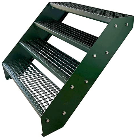 Premium Caillebotis acier Escalier à limon 4 Marches Entièrement galvanisé et Vert Revêtu par poudre - Dimensions (L x l x H) 82cm x 60cm x 76cm