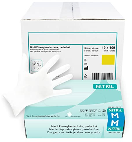 Nitrilhandschuhe 1.000 Stück, weiß in M I Puderfreie Einmalhandschuhe I Geeignet für Lebensmittelbereich, Kosmetik & als medizinische Untersuchungshandschuhe I Robuste Einweghandschuhe