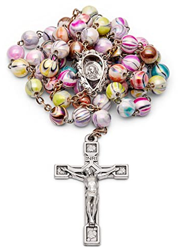 Mondo Cattolico - Rosario católico Multicolor de cuentas Arlequín de 8 mm con pieza central decorada de Nuestra Señora de los Dolores.