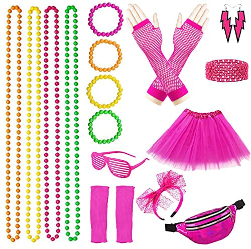 90er 80er Jahre Accessoires Set Neon 80er Jahre Outfit Damen Mottoparty Sport Aerobic Outfit 80er Bauchtasche Damen kleidung Typisch 80er Jahre Neon Rock Stulpen Stirnband Schweißbänder (Rose)