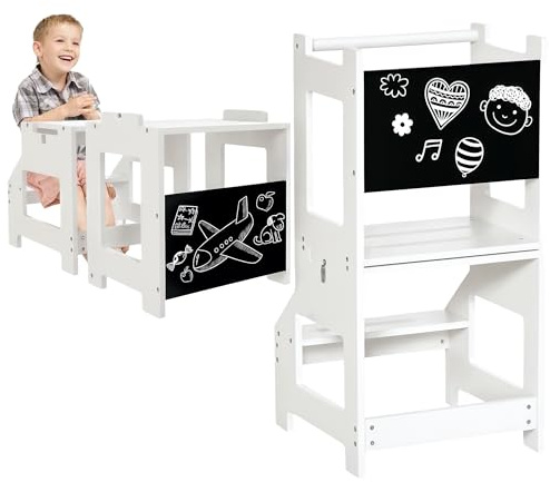 HOMCOM Toddler Step Stool for Kids, 2 in 1 Foldable Step Stool with Security Rail and Chalkboard for Kitchen Bathroom, White