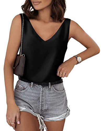 Damen Satin Tank Top Basic Cami Sommer Weste Shirt Lässiges V-Ausschnitt Cami Ärmellose Blusen