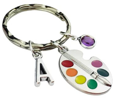 Personalised Palette Keyring with initial charm and birthstone crystal, artist jewellery, handmade art teacher appreciation graduation birthday teen girl motivational