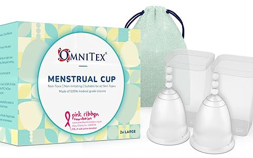 2pk Omnitex Menstrual Cups for Breast Cancer | 100% Pure Medical Grade Silicone | Safe Eco-Friendly Tampon & Pad Alternative | Non-Toxic ISO10993 Tested | BPA & Latex-Free, Pack of 2X Large Cups