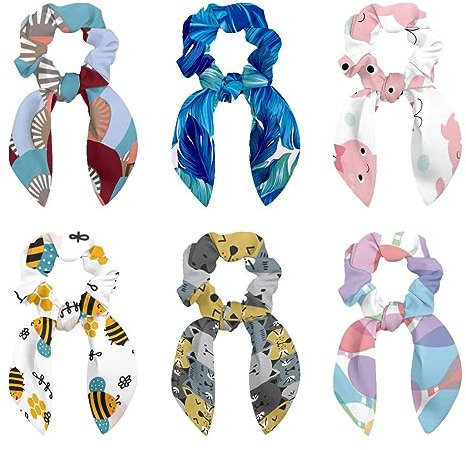 6 Pcs Hair Scrunchies -Blue Watercolor Tropical Palm Leaves Hair Scarf Scrunchy with Ribbon Bow, Elastic Hair Ties Ponytail Holders for Women Teenage Girls